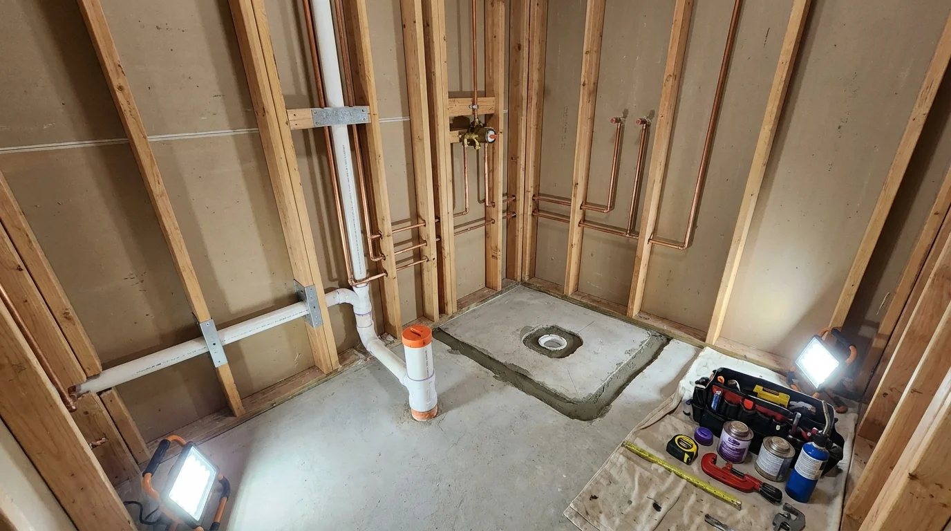 Bathroom rough-in plumbing during remodel by Johns Plumbing LLC in Chetek