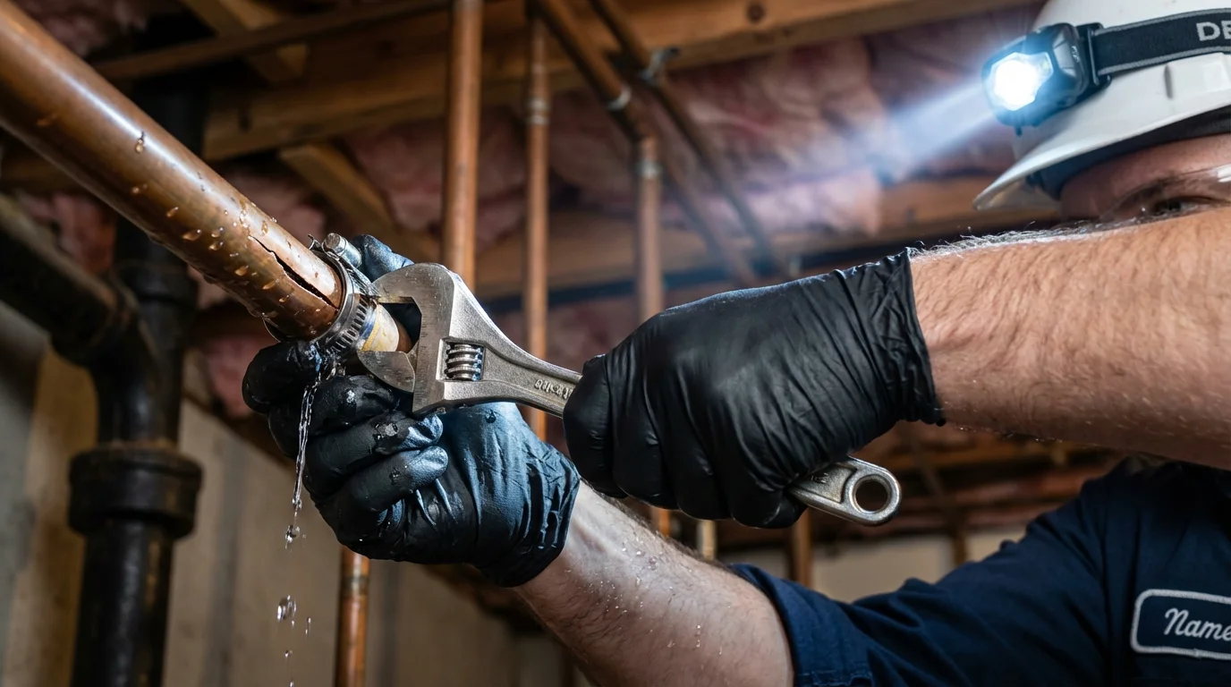 Emergency pipe clamp repair being performed by a Johns Plumbing LLC plumber in Chetek