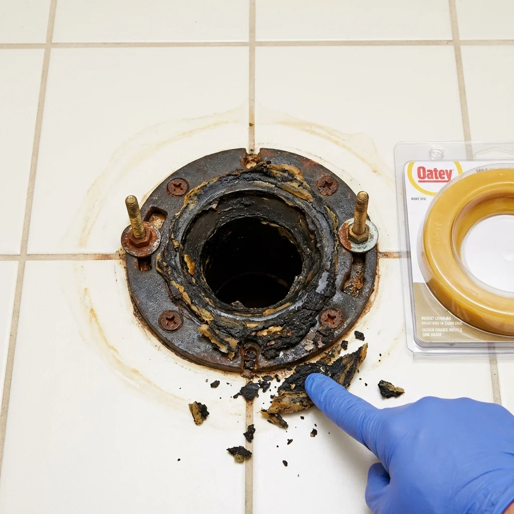 Failed wax ring showing water seepage at the base of a toilet in a Chetek, WI home