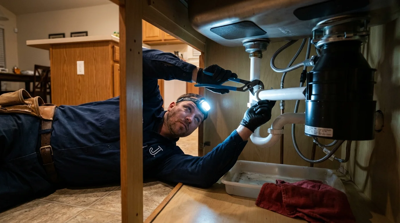 P-trap and supply line connections under a kitchen sink showing a common leak point in Chetek, WI